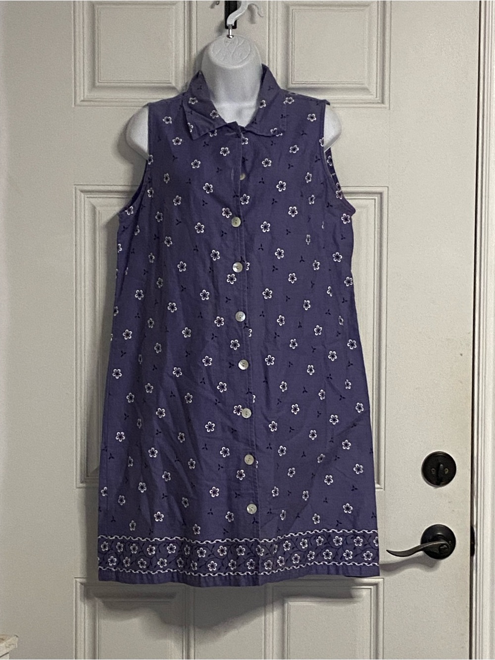 T42a- AMI Y2K Purple COTTON Floral Chambray Midi Sleeveless Shirt Dress